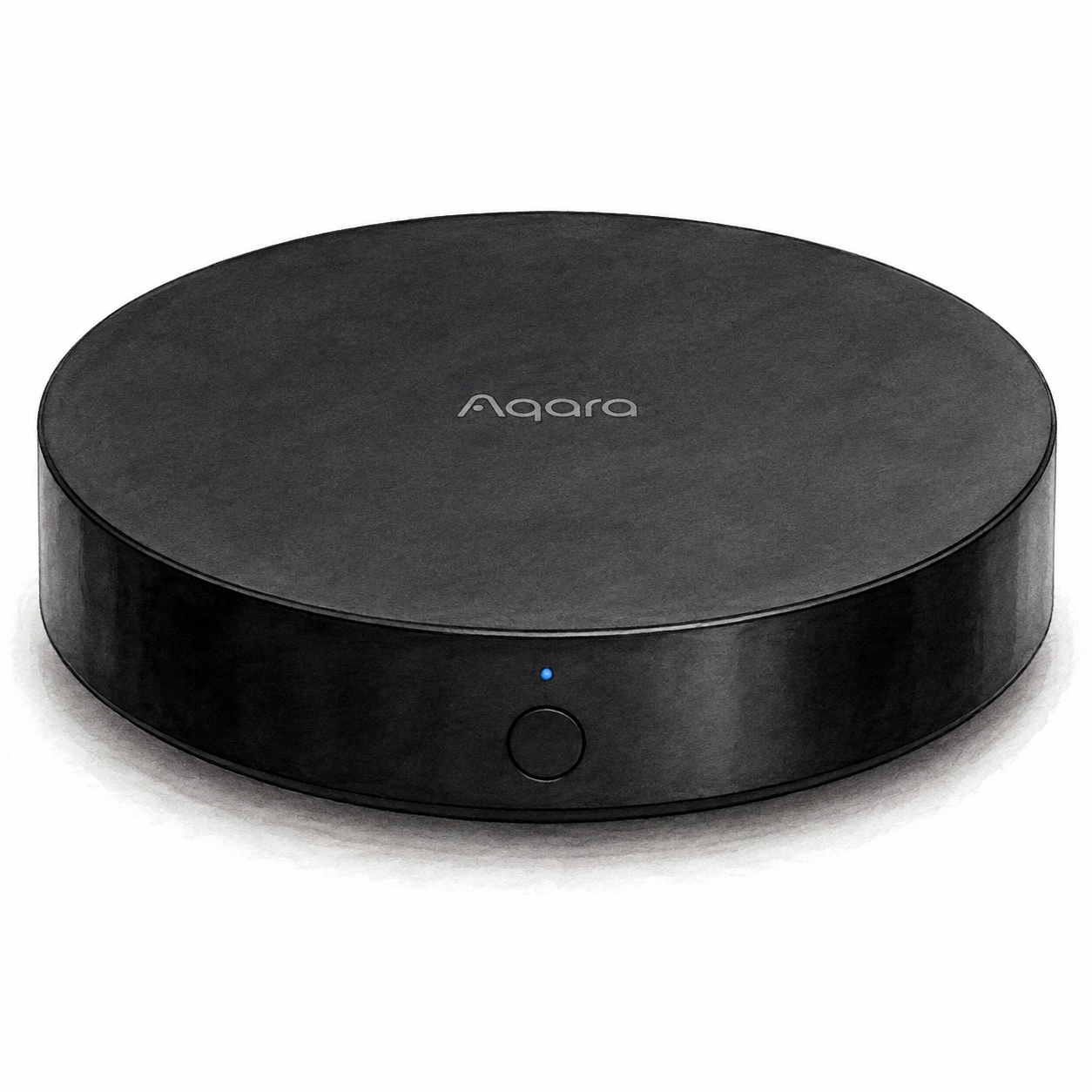 Illustration of the low black circular Aqara Hub M2 with a front button and small blue indicator; not a product photo, cables and accessories omitted