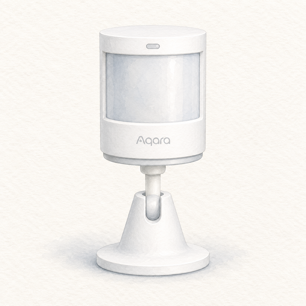 Illustration of the white cylindrical Aqara Motion Sensor P1 MS-S02 with frosted PIR window and articulated holder; not a product photo, required hub and mounting sticker not shown