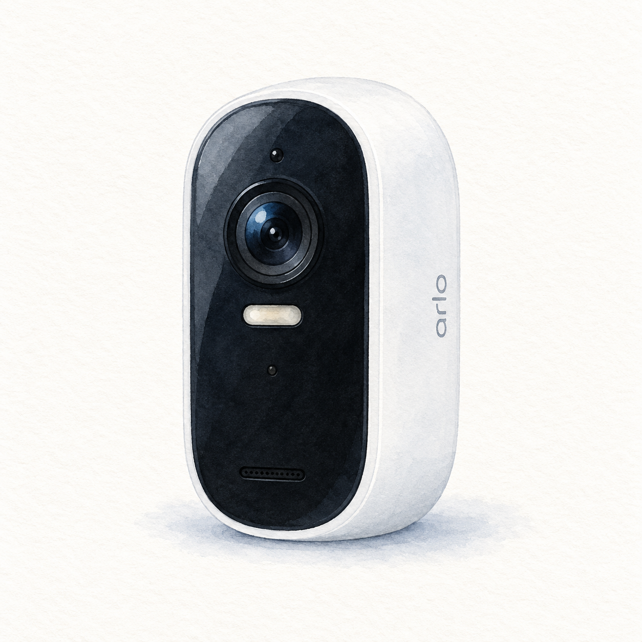 Illustration of one white Arlo Essential Outdoor second-generation camera with a black oblong face and spotlight below the lens; not a product photo, mount and charging accessories omitted, seller pack quantity unverified