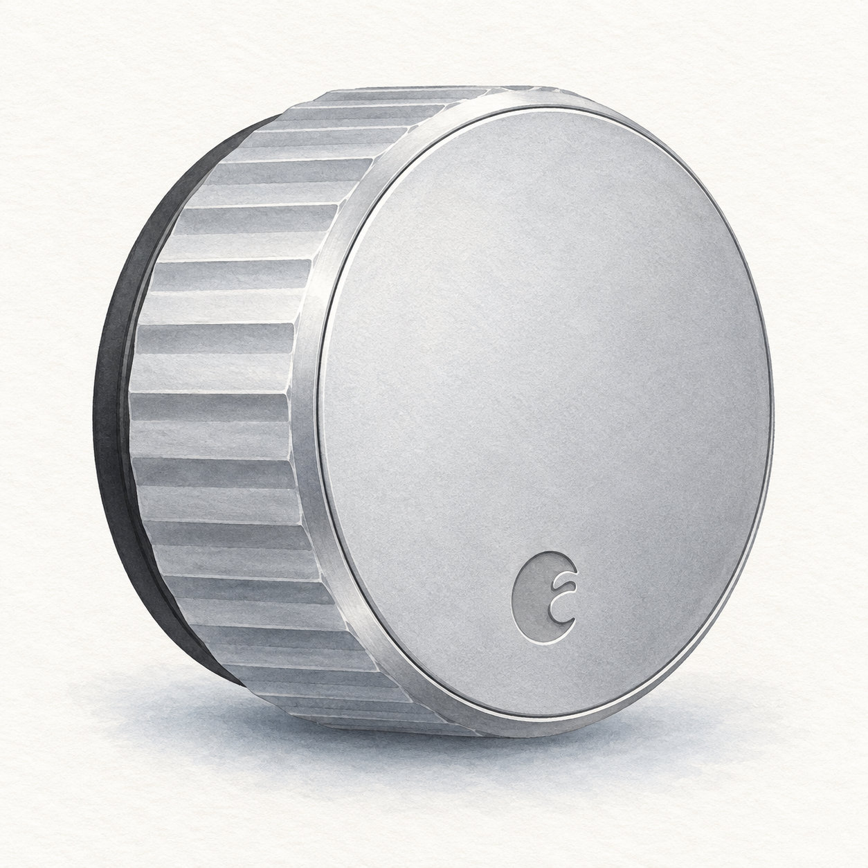 Illustration of one silver circular August Wi-Fi Smart Lock interior retrofit unit with a fluted grip; not a product photo, seller finish unverified, DoorSense, batteries and mounting hardware omitted