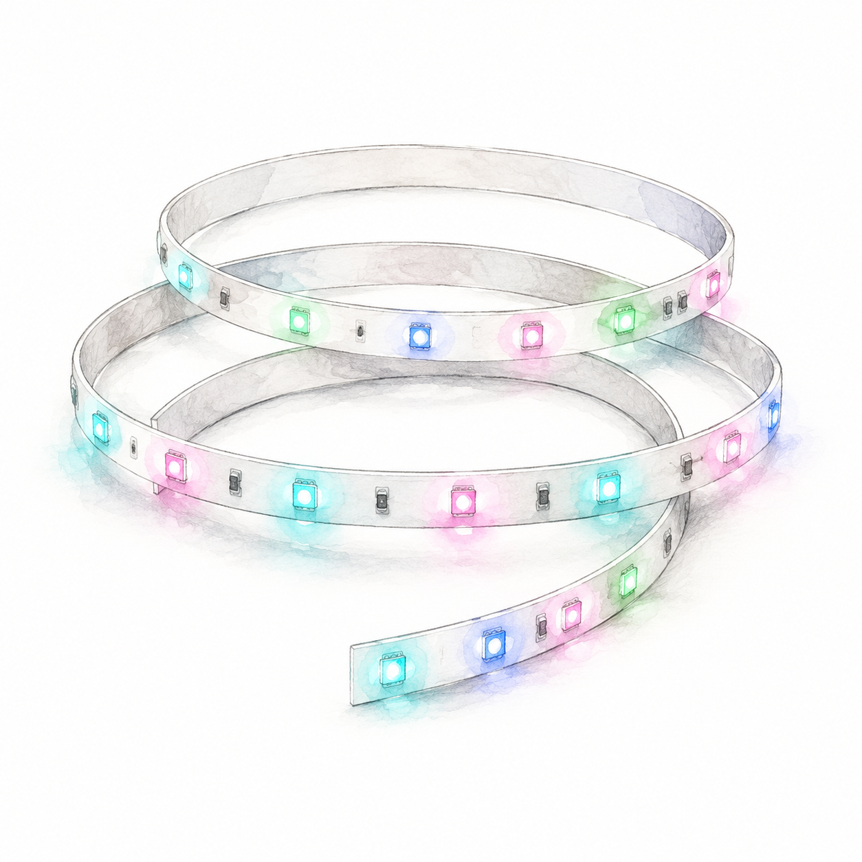 Illustration of a coiled section of the Govee H617C white RGBIC LED strip with separate colored LEDs; not a product photo or full kit