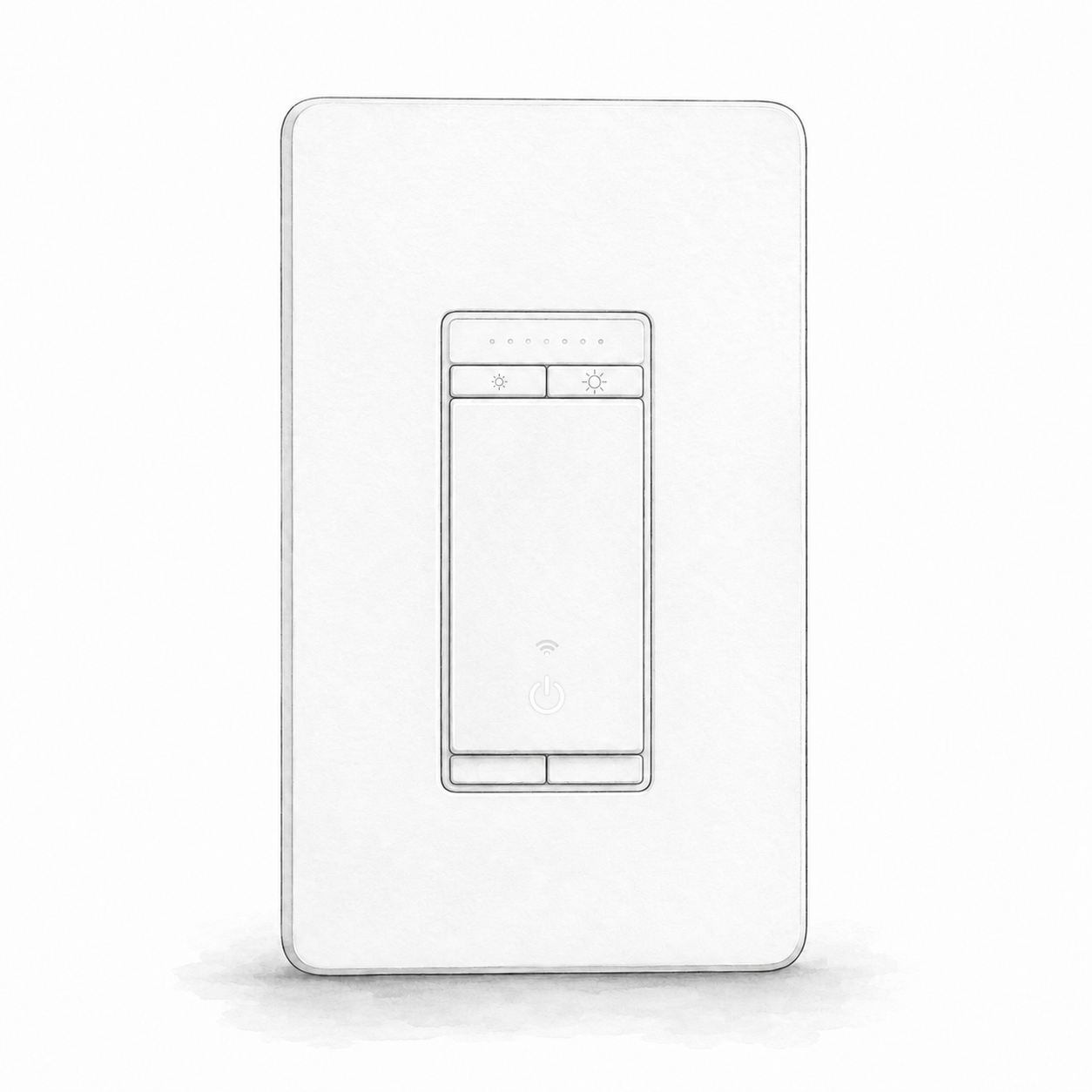 Illustration of one white Kasa HS220 dimmer with two upper brightness buttons, a main paddle and wall plate; not a product photo, wiring and installation accessories omitted