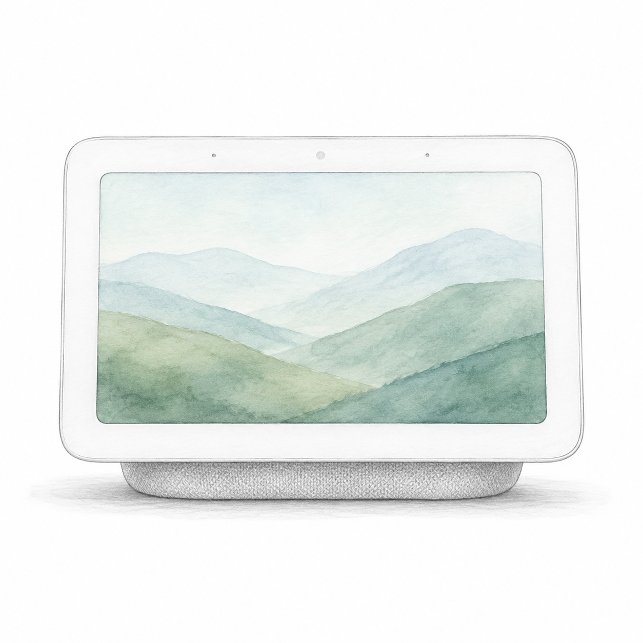 Illustration of the white Nest Hub second-generation family with a low fabric speaker base and no camera; not a product photo, screen artwork is illustrative and accessories are omitted