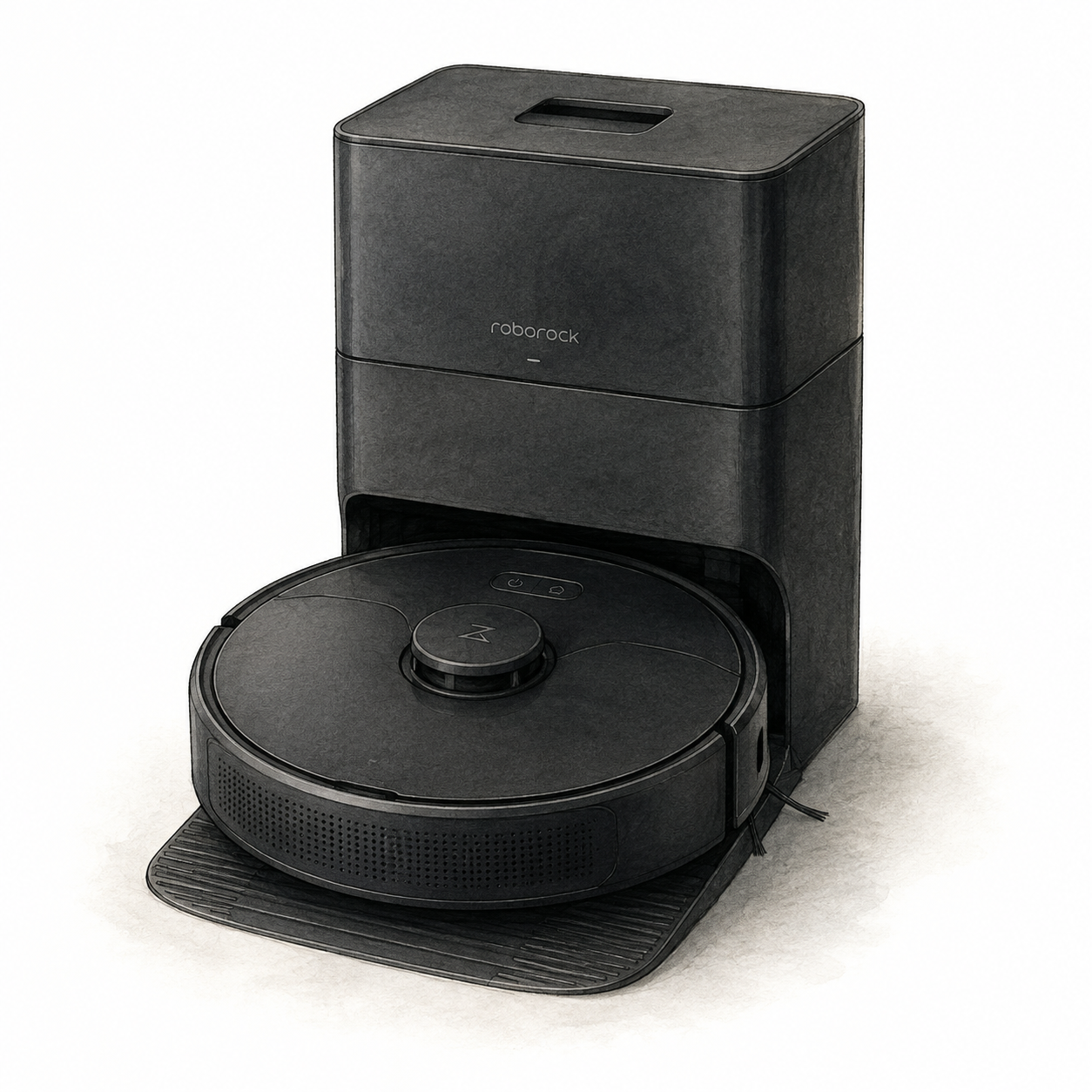 Illustration of the black Roborock Q5+ LiDAR robot vacuum with Auto-Empty Dock Pure; not a product photo, cables and spare accessories omitted
